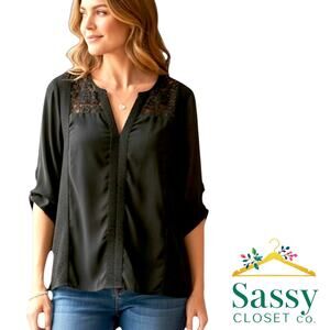 Calvin Klein Black Textured V Neck 3/4 Tab Sleeve Blouse Large